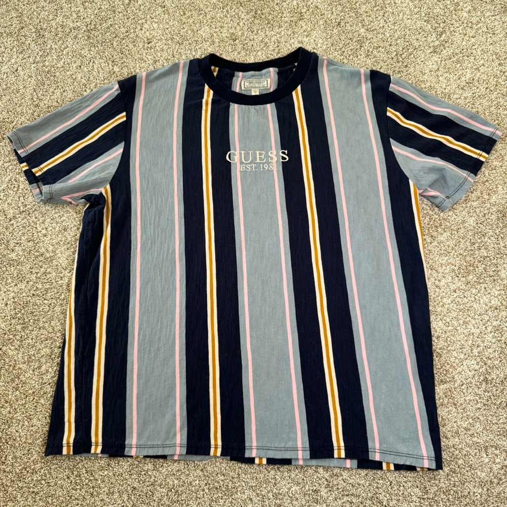 Guess Originals Mens‎ XL Striped T-Shirt Blue Pink Yellow Embroidered Logo Retro - Picture 1 of 14